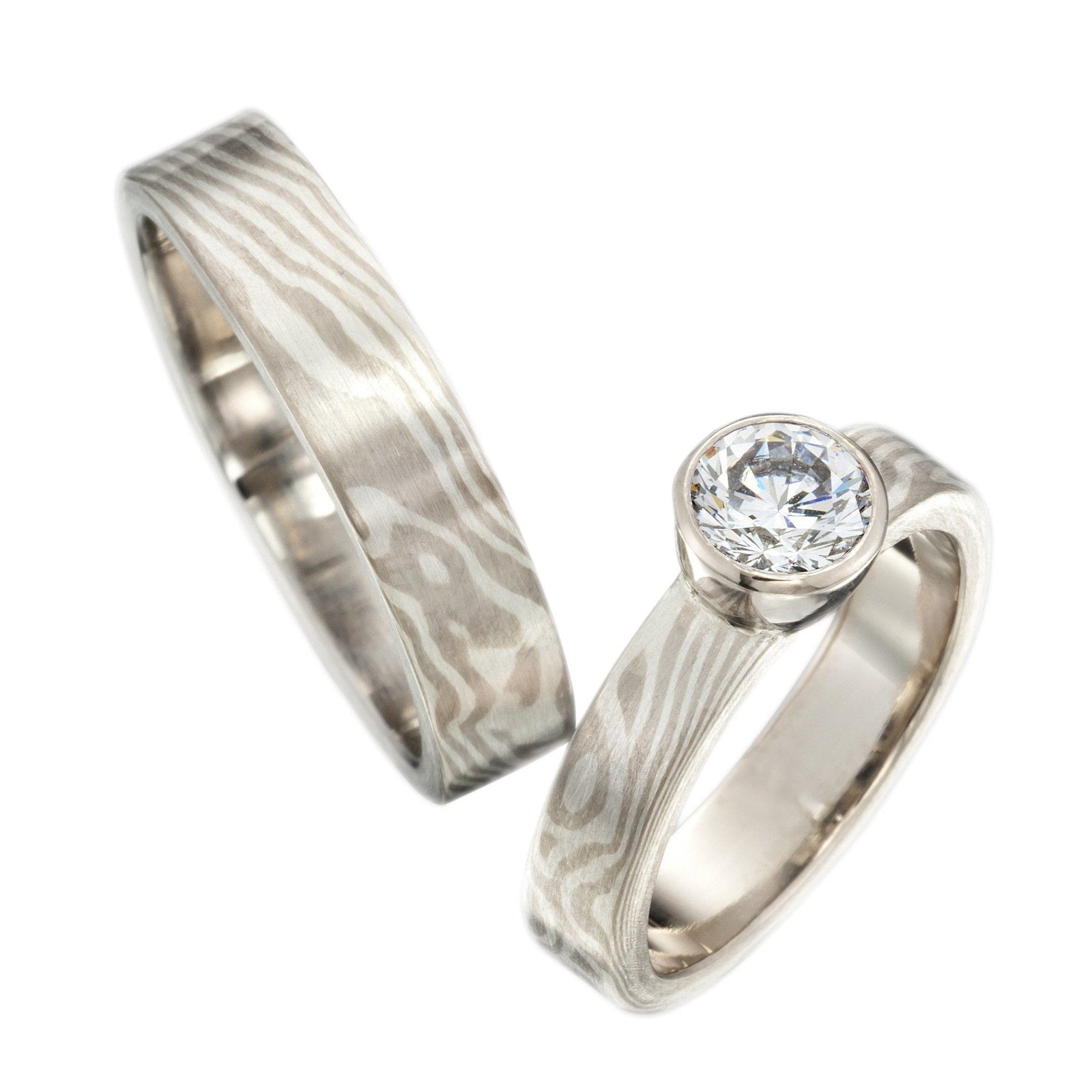 Woodgrain pattern band - Silver/ white gold