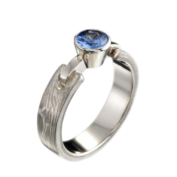 Silver/ white gold Woodgrain solitaire with sapphire